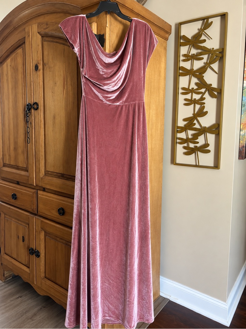 Velvet Cowl Neck Maxi Dress High Low Hem - Dusty Rose